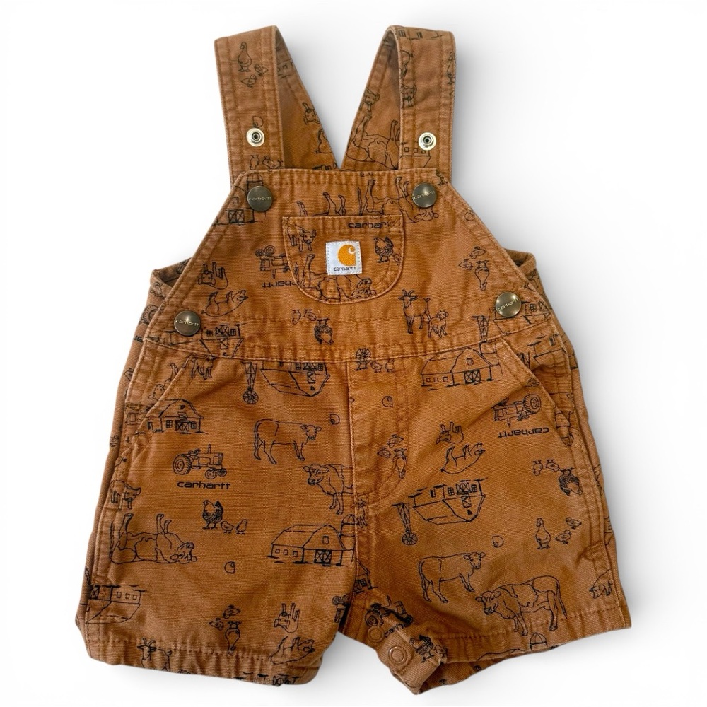 Carhartt Tan baby short overalls Farm Tractor Cow Barn Print Snap Closure 9 mos